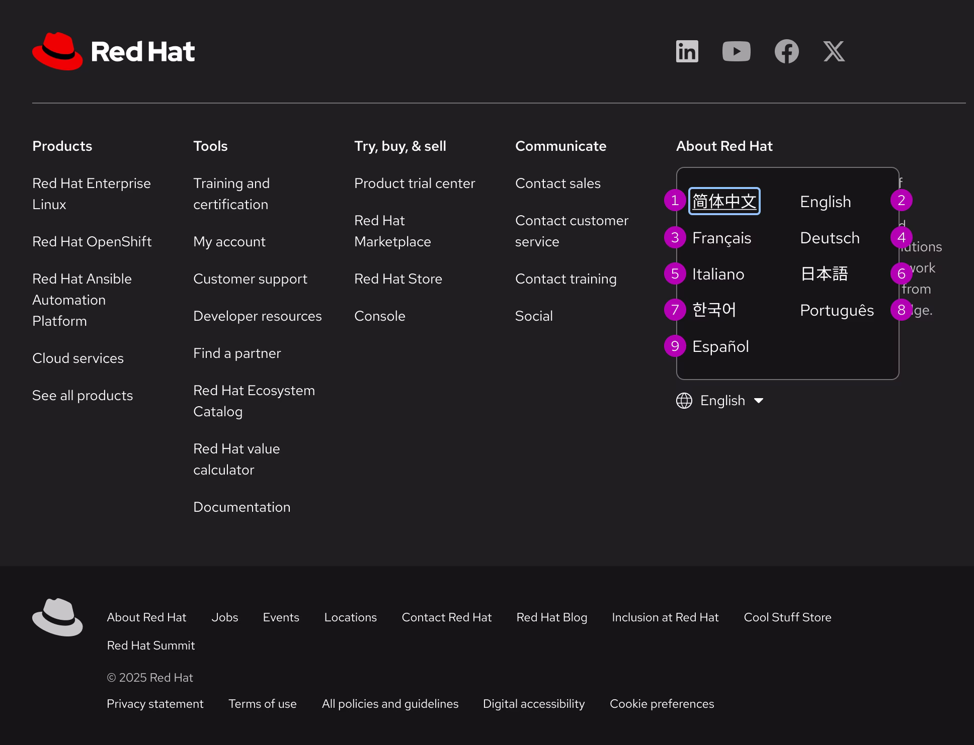 Image of a footer with the language selector menu open showing the focus order of languages